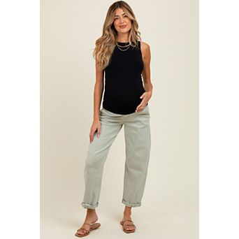 Maternity Olive Rolled Cuff Barrel Leg Maternity Jeans