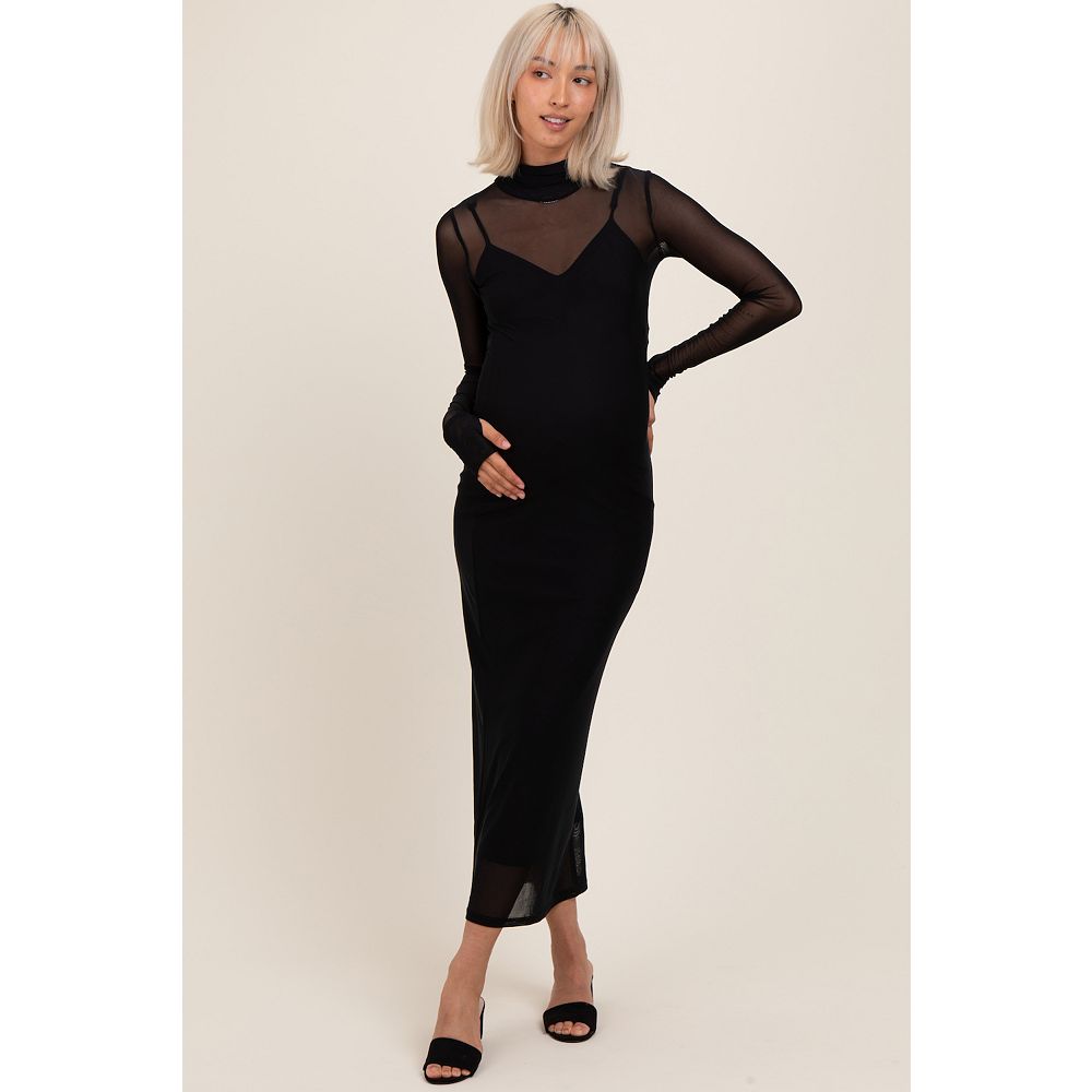 long sleeve mesh maternity dress Momyknows Mesh Solid Color Beading Pearl Rhinestone Long Sleeve Cover-ups Side Slit Photoshoot Maternity Maxi Dress, Black / 2XL