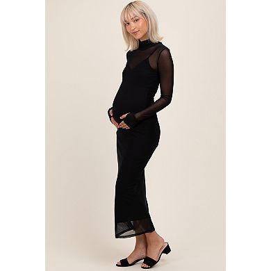 Maternity Mesh Overlay Long Sleeve Maxi Dress