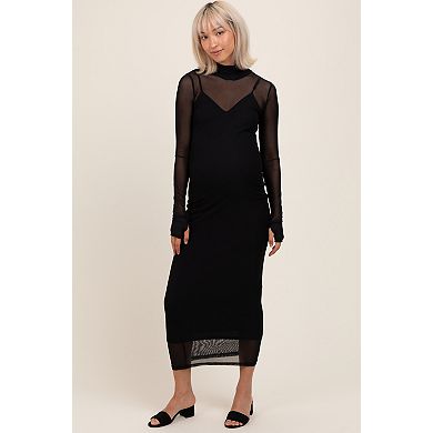 Maternity Mesh Overlay Long Sleeve Maxi Dress