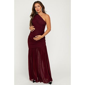 Maternity Burgundy Ruched Mesh One Shoulder Maxi Dress