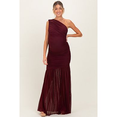 Maternity Burgundy Ruched Mesh One Shoulder Maxi Dress