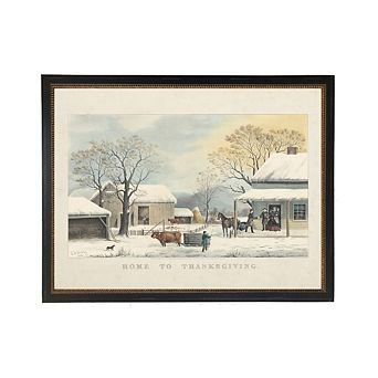 Vintage Home to Thanksgiving scene on a distressed bookplate background