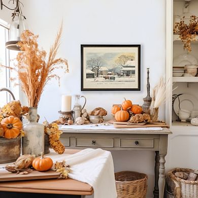 Vintage Home to Thanksgiving scene on a distressed bookplate background