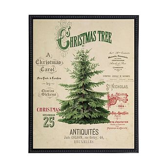 Vintage Painting of a Christmas Tree on a distressed bookplate background
