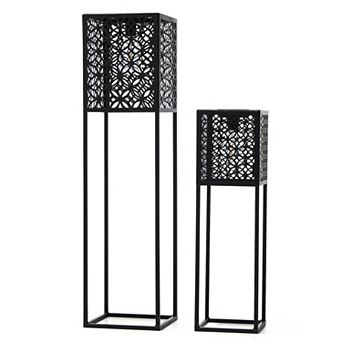Glitzhome Set of 2 Black Metal Cutout Pattern Solar Powered Edison Bulb Outdoor Floor Lantern
