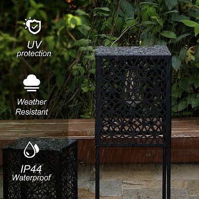 Glitzhome Set of 2 Black Metal Cutout Pattern Solar Powered Edison Bulb Outdoor Floor Lantern
