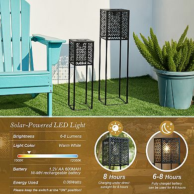 Glitzhome Set of 2 Black Metal Cutout Pattern Solar Powered Edison Bulb Outdoor Floor Lantern