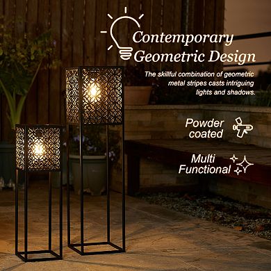 Glitzhome Set of 2 Black Metal Cutout Pattern Solar Powered Edison Bulb Outdoor Floor Lantern