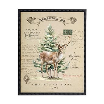 Vintage Painting of a Deer and Tree on a distressed bookplate background
