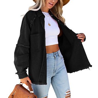 Women's Oversized Washed Denim Jacket Mid-Length Frayed Trim Long Sleeve Vintage Casual Coat
