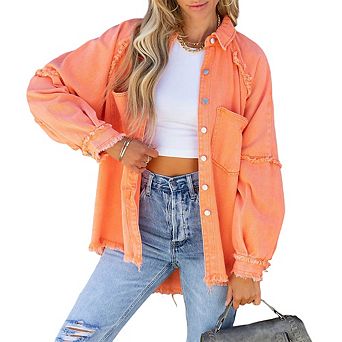 Women's Oversized Washed Denim Jacket Mid-Length Frayed Trim Long Sleeve Vintage Casual Coat