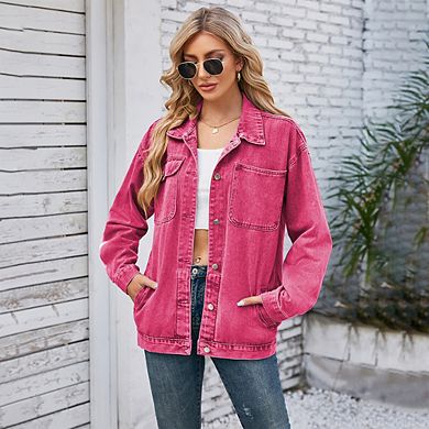 Women's Casual Denim Jacket Vintage Washed Multi-Pocket Slim Fit Daily Coat
