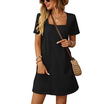 Women's Square Neck Short Sleeve Dress Casual Mini Dress with Pockets Fashion Slim Fit Daily Dress