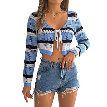 Women's Tie Front Crop Cardigan Hollow Out Color Block Stripe Long Sleeve Sun Protection Casual Top