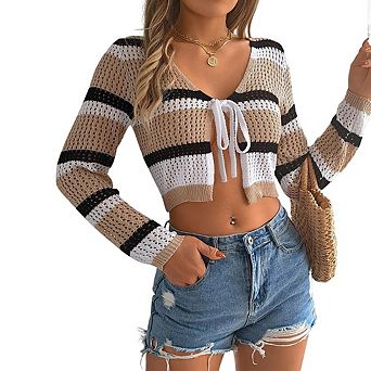 Women's Tie Front Crop Cardigan Hollow Out Color Block Stripe Long Sleeve Sun Protection Casual Top
