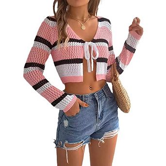 Women's Tie Front Crop Cardigan Hollow Out Color Block Stripe Long Sleeve Sun Protection Casual Top