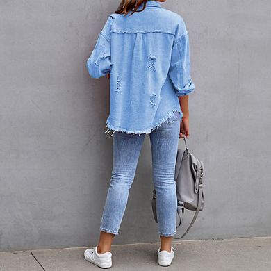 JoyJoy Women's Washed Distressed Denim Jacket Mid-Length Oversized Long Sleeve Casual Coat