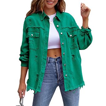 JoyJoy Women's Washed Distressed Denim Jacket Mid-Length Oversized Long Sleeve Casual Coat