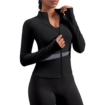Women's Block Buttery Soft Yoga Jacket High Neck Cropped Workout Top Slim Fit Breathable Activewear