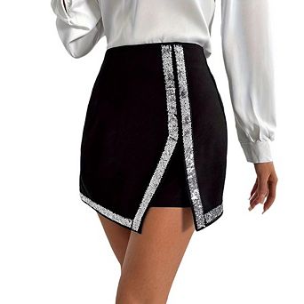 Women's Sequin Patchwork Slit Skort Sparkle Anti-Chafing Shorts Versatile Casual Skirt Pants