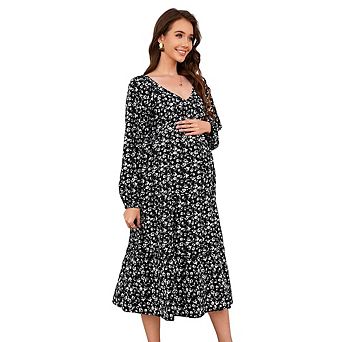 Women's Classic Floral Maternity Dress - V-Neck Chiffon Long Sleeve Loose Fit Maxi Dress