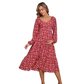 Women's Classic Floral Maternity Dress - V-Neck Chiffon Long Sleeve Loose Fit Maxi Dress