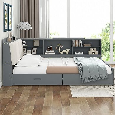 Whisen Wood Platform Bed with Storage Headboard, Shelves and 2 Drawers