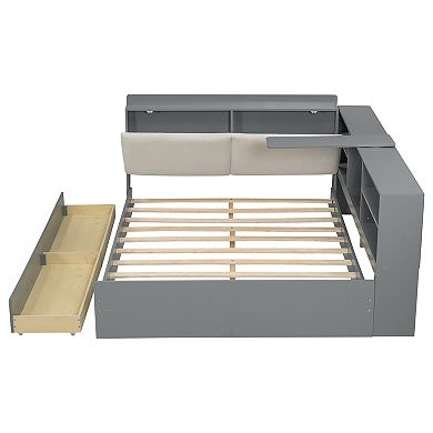 Whisen Wood Platform Bed with Storage Headboard, Shelves and 2 Drawers