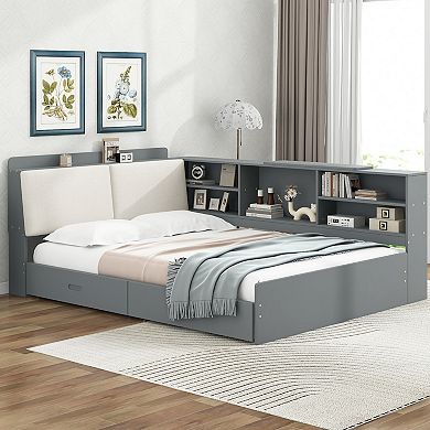 Whisen Wood Platform Bed with Storage Headboard, Shelves and 2 Drawers