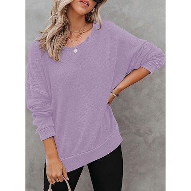 Womens Oversized Sweatshirts Crewneck Wafflle Knit Long Sleeve Side Slit Pullover Sweatshirt Tops