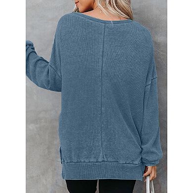 Womens Oversized Sweatshirts Crewneck Wafflle Knit Long Sleeve Side Slit Pullover Sweatshirt Tops