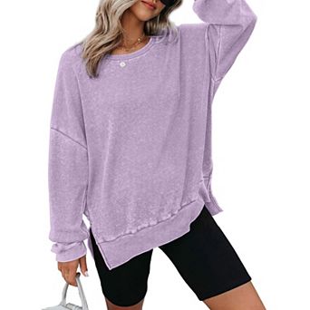 Womens Oversized Sweatshirts Crewneck Wafflle Knit Long Sleeve Side Slit Pullover Sweatshirt Tops