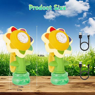 2 Pcs Kids Bubble Machines with Lights, Rechargeable Sunflower Bubble Maker for Outdoor Play