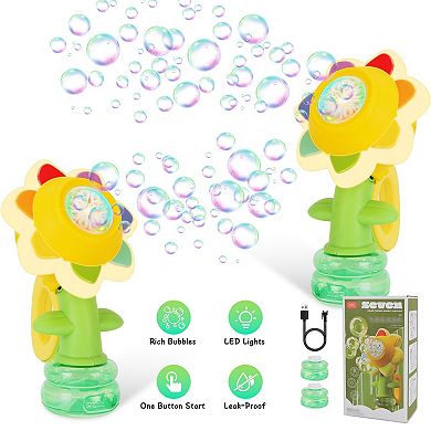 2 Pcs Kids Bubble Machines with Lights, Rechargeable Sunflower Bubble Maker for Outdoor Play