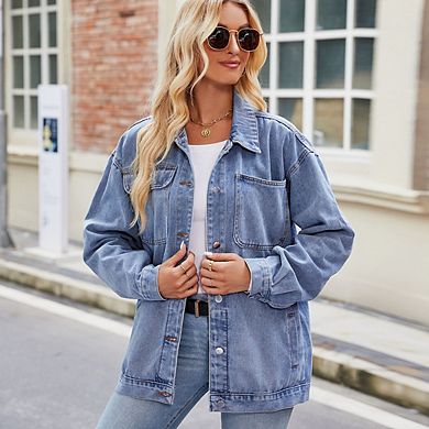 Women's Classic Vintage Washed Denim Jacket Loose Fit Long Sleeve Retro Casual Outerwear