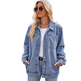 Women's Classic Vintage Washed Denim Jacket Loose Fit Long Sleeve Retro Casual Outerwear