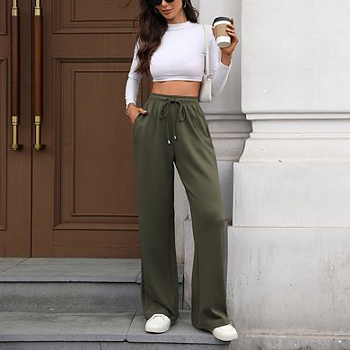 Women's Solid Color Elastic Waist Straight Leg Pants Loose Fit Versatile Trousers with Pockets