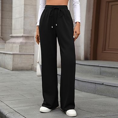 Women's Solid Color Elastic Waist Straight Leg Pants Loose Fit Versatile Trousers with Pockets