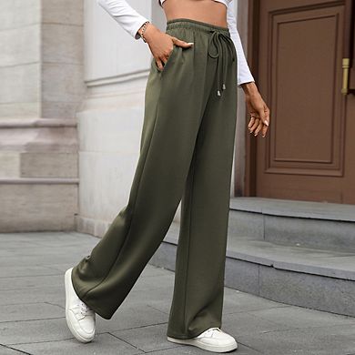 Women's Solid Color Elastic Waist Straight Leg Pants Loose Fit Versatile Trousers with Pockets