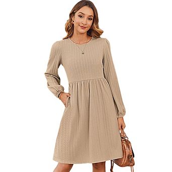Crew Neck Puff Sleeve Jacquard Dress for Women Knit Slim Fit Elegant Versatile Commute Date Dress
