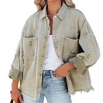Women's Distressed Raw Hem Denim Jacket Collared Long Sleeve Vintage Street Outerwear