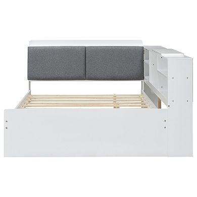 Whisen Wood Platform Bed with Storage Headboard, Shelves and 2 Drawers