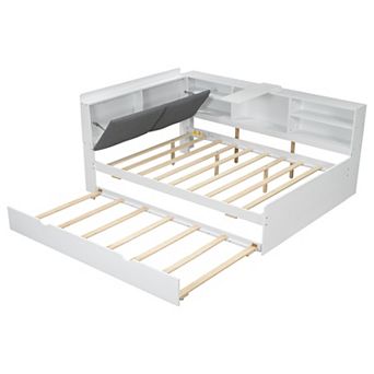 Whisen Wood Platform Bed with Storage Headboard, Shelves and 2 Drawers