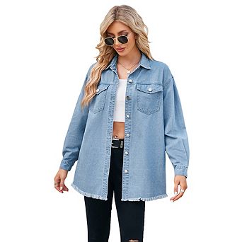 Women's Vintage Washed Denim Jacket Mid-Length Solid Color Long Sleeve with Pockets Casual Coat