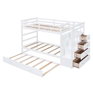 Whisen Modern Design Twin Over Twin Bunk Bed with Trundle and Staircase