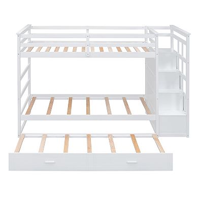 Whisen Modern Design Twin Over Twin Bunk Bed with Trundle and Staircase