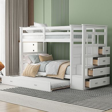 Whisen Modern Design Twin Over Twin Bunk Bed with Trundle and Staircase