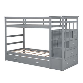 Whisen Modern Design Twin Over Twin Bunk Bed with Trundle and Staircase