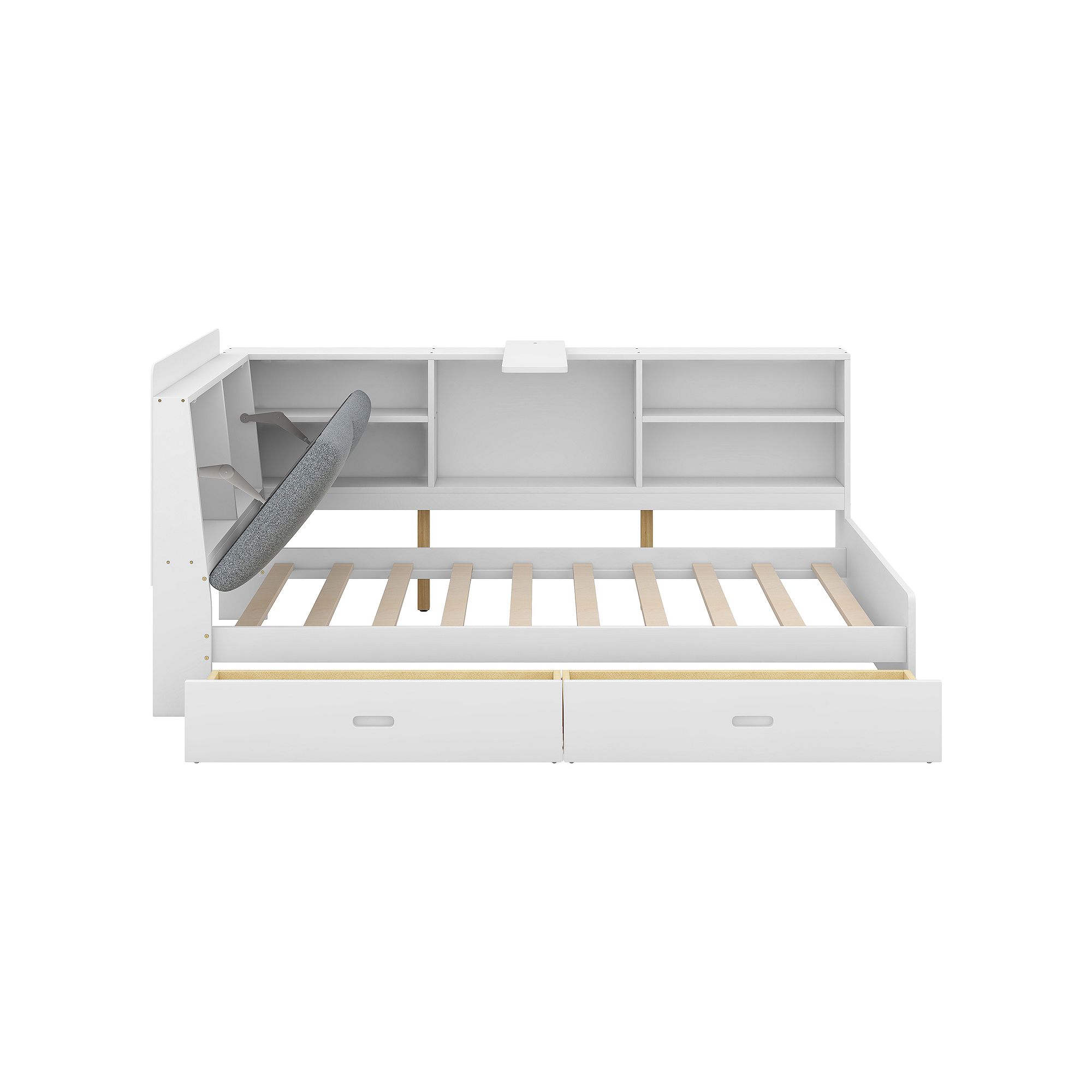 White platform bed with open headboard shelves and two storage drawers